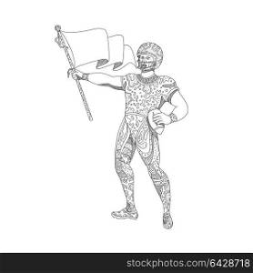 Doodle art illustration of an American football quarterback holding a flag viewed from front done in mandala style.. Quarterback Holding Flag Doodle