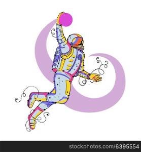 Doodle art illustration of an astronaut, cosmonaut or spaceman jumping and dunking basketball on isolated background.. Astronaut Dunking Ball Doodle