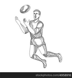 Doodle art illustration of an Aussie Rules football, Australian football or Australian rules football player jumping, rebounding or catching the ball done in black and white.. Aussie Rules Football Player Jumping Doodle