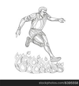 Doodle art illustration of an obstacle course event racer jumping over fire on isolated background done in black and white.. Obstacle Racer Jumping Fire Doodle Art