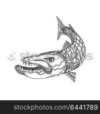 Doodle art illustration of barracuda, a saltwater ray-finned fish of the genus Sphyraena known for its large size, fearsome appearance and ferocious behaviour done in black and white mandala style.. Barracuda Fish Doodle Art
