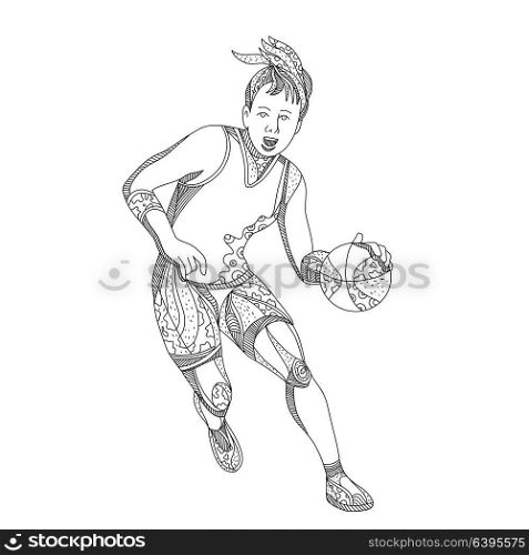 Doodle art illustration of female basketball player dribbling ball viewed from front on isolated background done in black and white.. Female Basketball Player Doodle Art