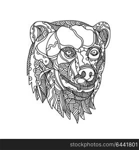 Doodle art illustration of head of a brown bear, carnivoran mammal of the family Ursidae classified as caniforms, or doglike carnivorans done in black and white mandala style.. Brown Bear Head Doodle
