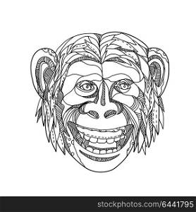 Doodle art illustration of head of a humanzee, apeman caveman or Neanderthal, a chimpanzee/human hybrid or an early human with traits of apes and humans, smiling done in black and white mandala style.. Humanzee Smiling Doodle