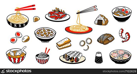 Doodle Asian food. Chinese noodles delicious soup meat slices and sauces. Vector vintage sketch of Eastern cuisine with food sticks bowls plates. Doodle Asian food. Chinese noodles soup meat slices and sauces. Vector vintage sketch of Eastern cuisine with food sticks bowls plates