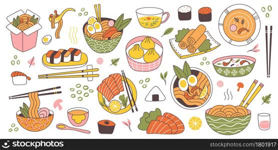 Doodle asian japanese cuisine traditional delicious food. Chinese, korean, japanese rice, noodles, fish and meat dishes vector illustration set. Oriental cuisine food as sushi, soup. Doodle asian japanese cuisine traditional delicious food. Chinese, korean, japanese rice, noodles, fish and meat dishes vector illustration set. Oriental cuisine food