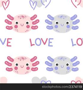 Doodle axolotls faces with different emotions seamless pattern. Perfect for T-shirt, textile and print. Hand drawn vector illustration for decor and design.