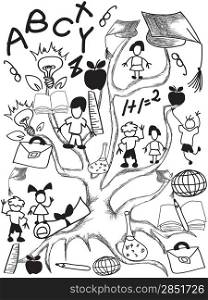 doodle background of school tree and students