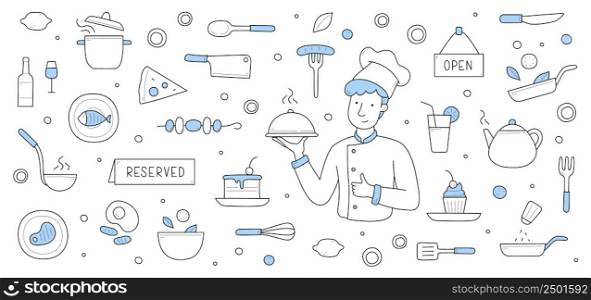 Doodle background with chef holding dish under cloche lid and restaurant icons around. Cooking pan, pizza, cake or cupcake, teapot, kitchen crockery, drinks and food meals, Linear vector illustration. Doodle background with chef and restaurant icons