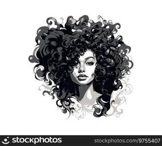 Doodle Beautiful black skined woman with curly hair. Vector illustration design.