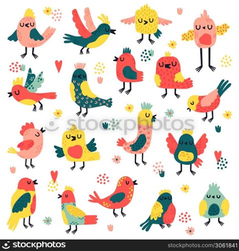 Doodle birds. Cute hand drawn birds, doodle colorful avifauna, lovely doves and sparrows, simple freehand birds vector illustration set. Characters with wings singing, flying and sitting. Doodle birds. Cute hand drawn birds, doodle colorful avifauna, lovely doves and sparrows, simple freehand birds vector illustration set