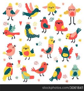 Doodle birds. Cute hand drawn birds, doodle colorful avifauna, lovely doves and sparrows, simple freehand birds vector illustration set. Characters with wings singing, flying and sitting. Doodle birds. Cute hand drawn birds, doodle colorful avifauna, lovely doves and sparrows, simple freehand birds vector illustration set