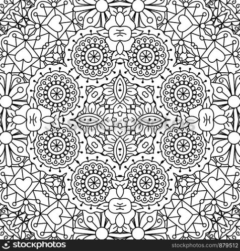 Doodle black and white ornamental pattern with round flowers and hearts. vector illustration. Doodle ornamental pattern with flowers