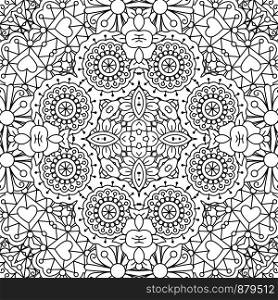 Doodle black and white ornamental pattern with round flowers and hearts. vector illustration. Doodle ornamental pattern with flowers