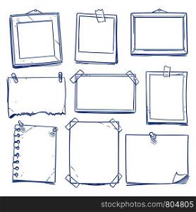 Doodle blank memo, notepaper. Hand drawn school notice and photo frames isolated vector set. Note paper sketch, sheet empty for message illustration. Doodle blank memo, notepaper. Hand drawn school notice and photo frames isolated vector set