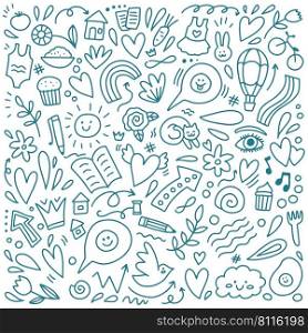 Doodle blue different objects cute set vector illustration