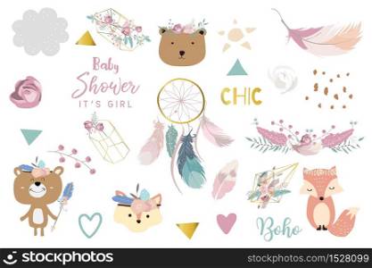 Doodle boho set with bear,feather,dreamcatcher,flower. illustration for logo,sticker,postcard,birthday invitation.Editable element