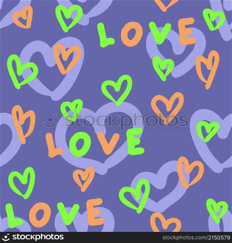 Doodle bright seamless pattern with hearts and text LOVE. Perfect for T-shirt, poster, postcard and print. Hand drawn vector illustration for decor and design.