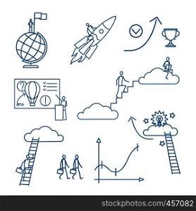Doodle business people blue linear icons on white background. Vector illustration . Doodle business people icons