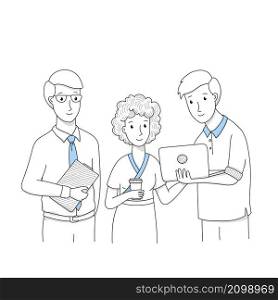 Doodle business people team, businessmen with laptop or clip board and woman holding coffee cup discuss working issues, corporate employees teamwork, manager group in office Linear vector illustration. Doodle business people team, businessmen and woman
