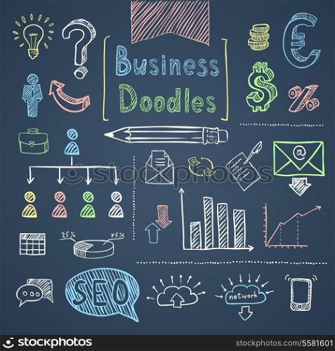 Doodle business set of finance symbols chart and diagrams isolated vector illustration