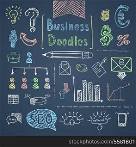 Doodle business set of finance symbols chart and diagrams isolated vector illustration