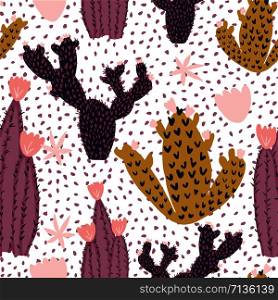 Doodle cactus seamless pattern on polka dot background. Cacti exotic wallpaper. Endless textile design. Printing, textile, fabric, interior, wrapping paper. Vector illustration. Doodle cactus seamless pattern on polka dot background. Cacti exotic wallpaper.