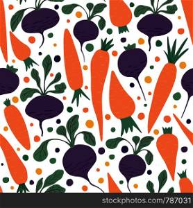 Doodle carrots and beetroot wallpaper. Hand drawn carrot and beet seamless pattern on white background. Design for fabric, textile print, wrapping paper, children textile. Vector illustration. Doodle carrots and beetroot wallpaper. Hand drawn carrot and beet seamless pattern