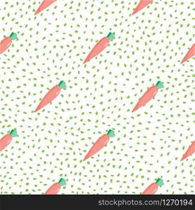 Doodle carrots backdrop. Hand drawn carrot seamless pattern on dots background. Botanical wallpaper. Design for fabric, textile print, wrapping paper, kitchen textiles. Vector illustration. Doodle carrots backdrop. Hand drawn carrot seamless pattern on dots background.