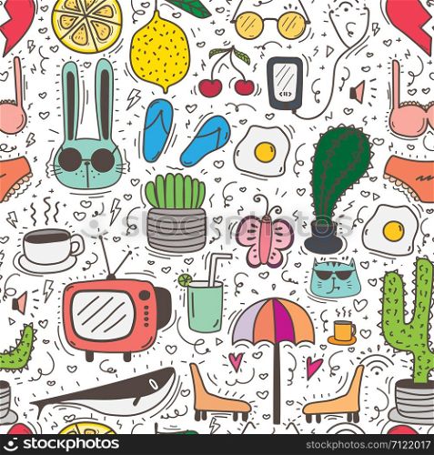 Doodle Cartoon Seamless Pattern Background For Kid. Vector illustration for fabric and gift wrap paper design.