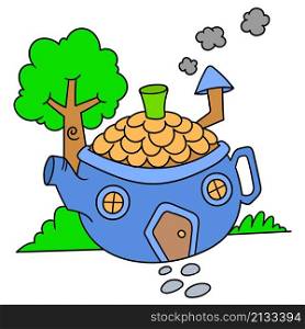 doodle,cartoon teapot shaped blue house