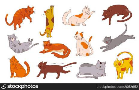 Doodle cat. Funny home animal sticker with simple sketch of happy sitting staying and lying cats, cute outline kitten character bundle in different poses. Adorable vector fluffy pet isolated set. Doodle cat. Funny home animal sticker with simple sketch. Happy sitting staying and lying cats, cute outline kitten character bundle in different poses. Vector fluffy pet isolated set