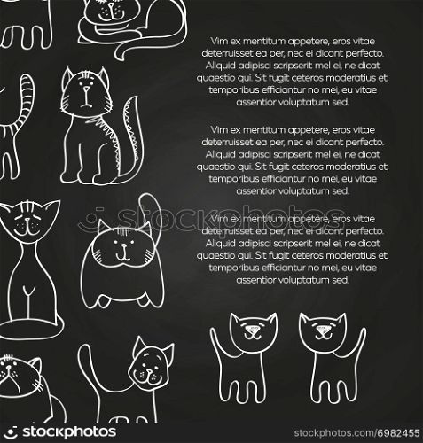 Doodle cats chalkboard poster - hand drawn pets background. Vector illustration. Doodle cats chalkboard poster background