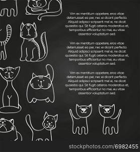 Doodle cats chalkboard poster - hand drawn pets background. Vector illustration. Doodle cats chalkboard poster background