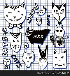 Doodle cats collection. Hand drawn cartoon faces with lettering elements. Icon, logo or label. Doodle cats collection. Hand drawn cartoon faces with lettering elements. Icon, logo or label.