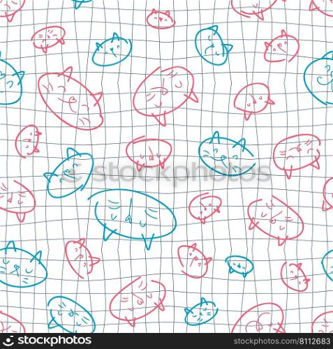 Doodle cats faces seamless pattern on grid distorted background. Hippie aesthetic print for fabric, paper, T-shirt. Groovy vector illustration for decor and design.