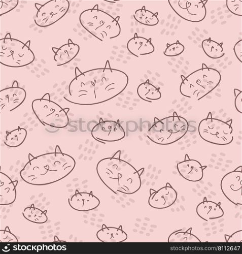 Doodle cats faces seamless pattern on spotted background. Perfect for T-shirt, textile and print. Hand drawn vector background for decor and design.