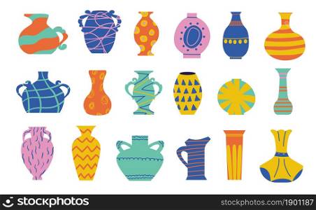 Doodle ceramic vase. Cartoon ancient pottery. Trendy antique wine jar and abstract contemporary bright jug. Isolated amphora collection. Earthenware with geometric print. Vector clay crockery set. Doodle ceramic vase. Cartoon ancient pottery. Antique wine jar and abstract contemporary bright jug. Isolated amphora collection. Earthenware with geometric print. Vector crockery set