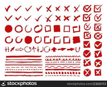 Doodle check mark and underline signs. Hand drawn red arrows, crosses and circles. Checklist and vote silhouette icons. Dividers and directional line symbols. Vector isolated grunge sketch markers set. Doodle check mark and underline signs. Hand drawn red arrows, crosses and circles. Checklist and vote silhouette icons. Dividers and directional symbols. Vector grunge sketch markers set