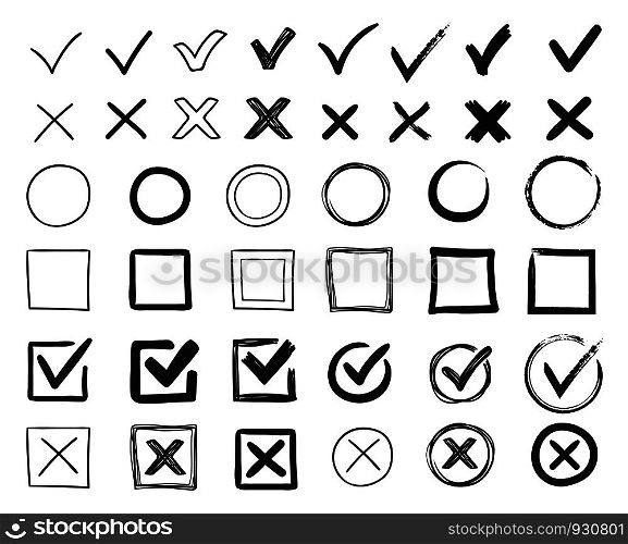 Doodle check marks. Hand drawn checkbox, examination mark and checklist marks. Check signs sketch, voting agree checklist mark or examination task list. sign Isolated vector illustration symbols set. Doodle check marks. Hand drawn checkbox, examination mark and checklist marks. Check signs sketch vector illustration set