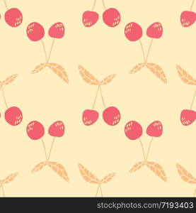 Doodle cherries wallpaper on yellow background. Geometric cherry seamless pattern for fabric design. Design for textile print, wrapping paper, kitchen textiles, cover. Simple vector illustration. Doodle cherries wallpaper on yellow background. Geometric cherry seamless pattern