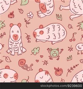 Doodle chibi capybaras seamless pattern in free hand drawn style. Perfect print for tee, paper, textile and fabric. Kawaii vector illustration for decor and design.