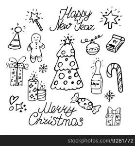 Doodle Christmas New Year writting hands isoleted on white background. Christmas New Year