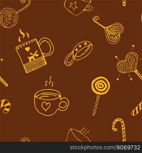 Doodle Christmas seamless pattern with cups, drinks, sweets, coffee, cacao, teea, hot chocolate, hearts, loly-pops, elk on a warm brown background. Thin line doodle in cartoon style. Gift wrap. Gift package. Stationery, invitations, cards. Hand drawn. Vector