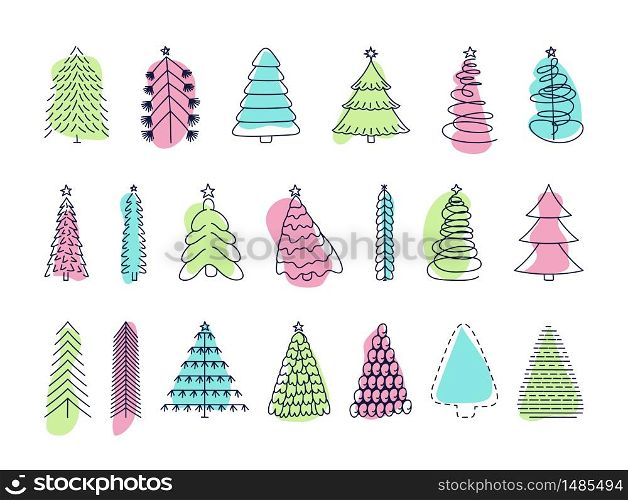 Doodle christmas tree. Winter holiday hand drawn elements. Retro xmas trees and happy new year sketch graphic vector isolated set.