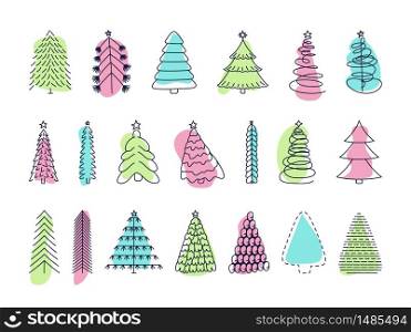 Doodle christmas tree. Winter holiday hand drawn elements. Retro xmas trees and happy new year sketch graphic vector isolated set.