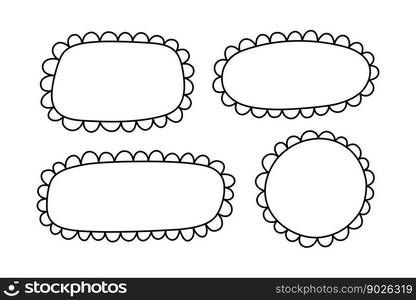 Doodle circle and square scalloped frames. Hand drawn scalloped edge rectangle and ellipse shapes. Simple label form. Flower silhouette lace frame. Vector illustration isolated on white background.. Doodle circle and square scalloped frames. Hand drawn scalloped edge rectangle and ellipse shapes. Simple label form. Flower silhouette lace frame. Vector illustration isolated on white background