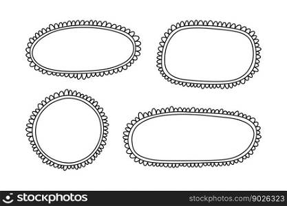 Doodle circle and square scalloped frames. Hand drawn scalloped edge rectangle and ellipse shapes. Simple label form. Flower silhouette lace frame. Vector illustration isolated on white background.. Doodle circle and square scalloped frames. Hand drawn scalloped edge rectangle and ellipse shapes. Simple label form. Flower silhouette lace frame. Vector illustration isolated on white background