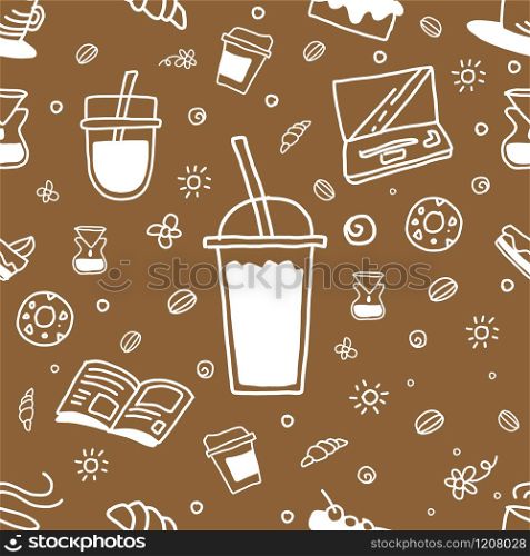 Doodle coffee with brown background, drawing line art about cafe and stuff. Seamless pattern vector illustration for wallpaper or background.