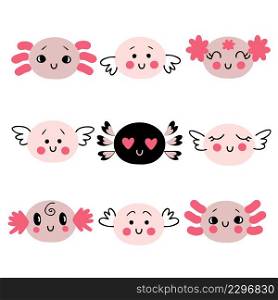 Doodle collection of axolotls faces with different emotions. Perfect for T-shirt, sticker, postcard and print. Hand drawn vector illustration for decor and design.